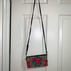 Shoulder crossbody wallet purse with colorful oriental floral stitching